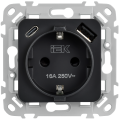 FLITE Розетка 1-местная с заземлением с защитными шторками 16А с USB AC 20Вт безвинтовое крепление РСЮшс11-1-ФлЧ черный IEK