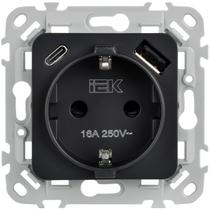 FLITE Розетка 1-местная с заземлением с защитными шторками 16А с USB AC 20Вт безвинтовое крепление РСЮшс11-1-ФлЧ черный IEK