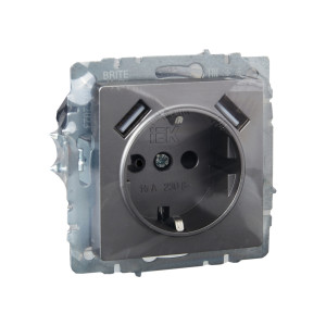 BRITE Розетка 1-местная с заземлением с защитными шторками 16А с USB AA 5В 3,1А РЮш10-2-БрС сталь IEK