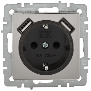 BRITE Розетка 1-местная с заземлением с защитными шторками 16А с USB AA 5В 2,1А РЮш10-1-БрГН металл хромникель IEK