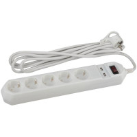 Удлинитель с сетевым фильтром 5х1.5м с заземл. 10А IP20 2хUSB ПВС 3х0.75 с выкл. бел. Эра Б0019037