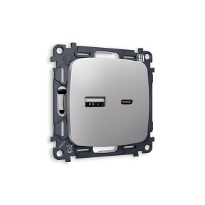 MO511010 Комплект механизма розетки OMEGA Сталь матовый 2USB AC 20W 3000mA быстрая зарядка QUANT OP5110, VM177 AMBRELLA VOLT