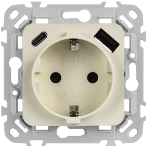 FLITE Розетка 1-местная с заземлением с защитными шторками 16А с USB A+C 20Вт безвинтовое крепление РСЮшс11-1-ФлСл сливочный IEK
