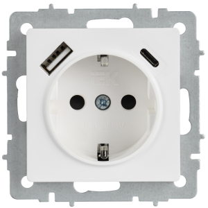 BRITE Розетка 1-местная с заземлением с защитными шторками 16А с USB AC 18Вт РЮш11-1-БрАБ арктический белый IEK