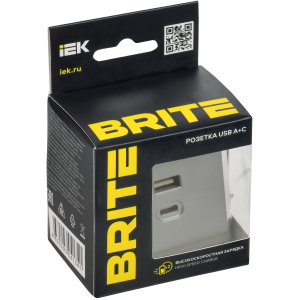BRITE Розетка USB A+C 45Вт высокоскоростная зарядка РЮ11-2-БрС сталь IEK