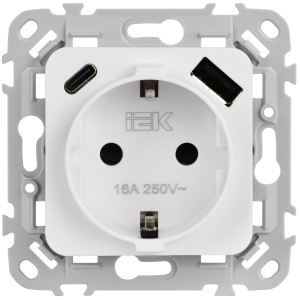 FLITE Розетка 1-местная с заземлением с защитными шторками 16А с USB A+C 20Вт безвинтовое крепление РСЮшс11-1-ФлБ белый IEK