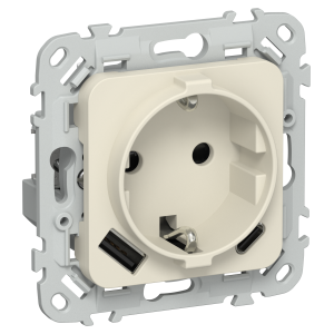 FLITE Розетка 1-местная с заземлением с защитными шторками 16А с USB A+C 20Вт РСЮшс11-0-ФлСл сливочный IEK
