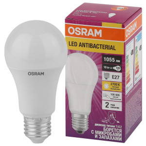 Лампа светодиодная LED Antibacterial A 10Вт грушевидная матовая 2700К тепл. бел. E27 1055лм 220-240В угол пучка 200град. бактерицидн. покрыт. (замена 100Вт) OSRAM 4058075561076