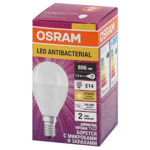 Лампа светодиодная LED Antibacterial P 7.5Вт шар матовая 2700К тепл. бел. E14 806лм 220-240В угол пучка 200град. бактерицидн. покрыт. (замена 75Вт) OSRAM 4058075561298