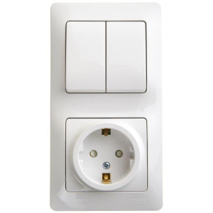 GLOSSA БЛОК: РОЗЕТКА с заземлением со шторками + 2-клавишный ВЫКЛЮЧАТЕЛЬ, БЕЛЫЙ GSL000174
