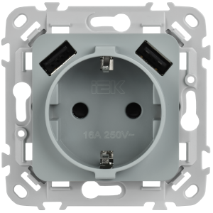 FLITE Розетка 1-местная с заземлением с защитными шторками 16А с USB AA 3,1А безвинтовое крепление РСЮша11-1-ФлС серый IEK