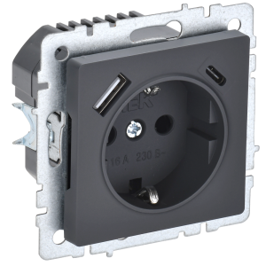 BRITE Розетка 1-местная с заземлением с защитными шторками 16А с USB AC 18Вт РЮш11-1-БрГ графит IEK