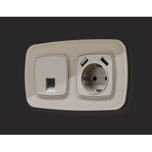 MO372005 Комплект мех-ма компьютерной розетки RJ-45 экранированной с автоматической защитной шторкой OMEGA Серо-бежевый матовый QUANT OP3720, VM185 AMBRELLA VOLT