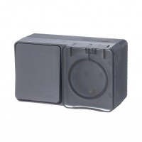 ATLASDESIGN PROFI IP54 О/У БЛОК: РОЗЕТКА с заземл. со шт., 16А, ВЫКЛЮЧАТЕЛЬ 1-клав., 10АХ, АНТРАЦИТ ATN544070