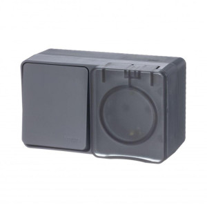 ATLASDESIGN PROFI IP54 О/У БЛОК: РОЗЕТКА с заземл. со шт., 16А, ВЫКЛЮЧАТЕЛЬ 1-клав., 10АХ, АНТРАЦИТ ATN544070