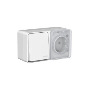 ATLASDESIGN PROFI IP54 О/У БЛОК: РОЗЕТКА с заземл. со шт., 16А, ВЫКЛЮЧАТЕЛЬ 1-клав., 10АХ, СЕРЫЙ ATN543070