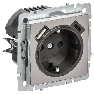 BRITE Розетка 1-местная с заземлением с защитными шторками 16А с USB AC 18Вт РЮш11-1-БрГН металл хромникель IEK
