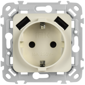 FLITE Розетка 1-местная с заземлением с защитными шторками 16А с USB AA 3,1А безвинтовое крепление РСЮша11-1-ФлСл сливочный IEK