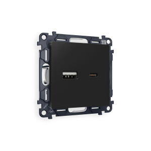 MA811010 Комплект механизма розетки ALFA Черный матовый 2USB AC 20W быстрая зарядка QUANT AP8110, VM177 AMBRELLA VOLT