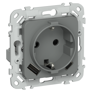 FLITE Розетка 1-местная с заземлением с защитными шторками 16А с USB A+C 20Вт безвинтовое крепление РСЮшс11-1-ФлМА мокрый асфальт IEK