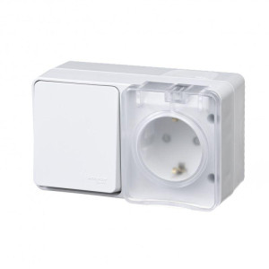 ATLASDESIGN PROFI IP54 О/У БЛОК: РОЗЕТКА с заземл. со шт., 16А, ВЫКЛЮЧАТЕЛЬ 1-клав., 10АХ, БЕЛЫЙ ATN540170