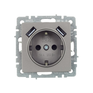 BRITE Розетка 1-местная с заземлением с защитными шторками 16А с USB AA 5В 3,1А РЮш10-2-БрС сталь IEK