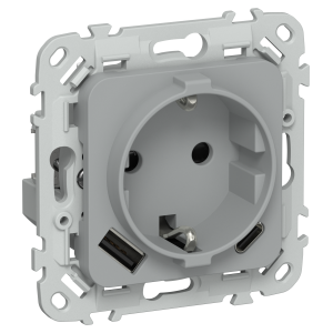 FLITE Розетка 1-местная с заземлением с защитными шторками 16А с USB A+C 20Вт РСЮшс11-0-ФлС серый IEK