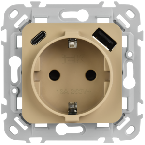 FLITE Розетка 1-местная с заземлением с защитными шторками 16А с USB A+C 20Вт безвинтовое крепление РСЮшс11-1-ФлХ хаки IEK