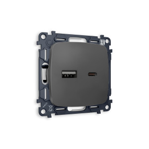 MO911010 Комплект механизма розетки OMEGA Графит мягкое касание 2USB AC 20W быстрая зарядка QUANT OP9110, VM177 AMBRELLA VOLT