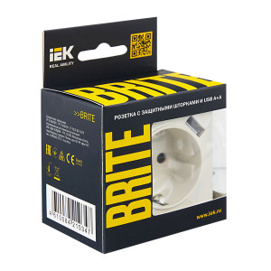 BRITE Розетка 1-местная с заземлением с защитными шторками 16А с USB AA 5В 3,1А РЮш10-2-БрЖ жемчуг IEK