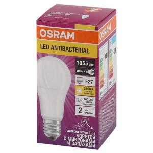 Лампа светодиодная LED Antibacterial A 10Вт грушевидная матовая 2700К тепл. бел. E27 1055лм 220-240В угол пучка 200град. бактерицидн. покрыт. (замена 100Вт) OSRAM 4058075561076