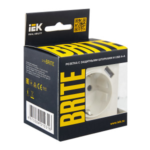 BRITE Розетка 1-местная с заземлением с защитными шторками 16А с USB AA 5В 2,1А РЮш10-1-БрЖ жемчуг IEK