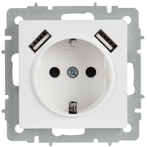 BRITE Розетка 1-местная с заземлением с защитными шторками 16А с USB AA 5В 3,1А РЮш10-2-БрАБ арктический белый IEK