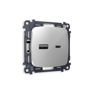 MO411010 Комплект механизма розетки OMEGA Серебро глянец 2USB AC 20W быстрая зарядка QUANT OP4110, VM177 AMBRELLA VOLT