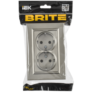 BRITE Розетка 2-местная с заземлением без защитных шторок плоская 16А в сборе РСПл12-3-БрШ шампань IEK