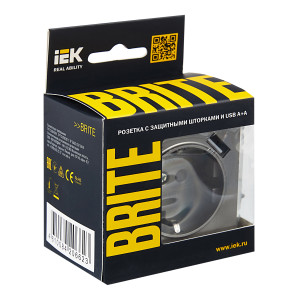 BRITE Розетка 1-местная с заземлением с защитными шторками 16А с USB AA 5В 3,1А РЮш10-2-БрС сталь IEK