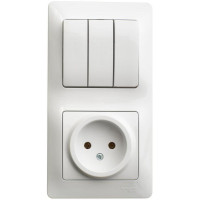 GLOSSA БЛОК: РОЗЕТКА без заземления + 3-клавишный ВЫКЛЮЧАТЕЛЬ, БЕЛЫЙ GSL000176