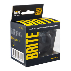 BRITE Розетка 1-местная с заземлением с защитными шторками 16А с USB AA 5В 2,1А РЮш10-1-БрГ графит IEK