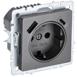 BRITE Розетка 1-местная с заземлением с защитными шторками 16А с USB AC 18Вт РЮш11-1-БрС сталь IEK