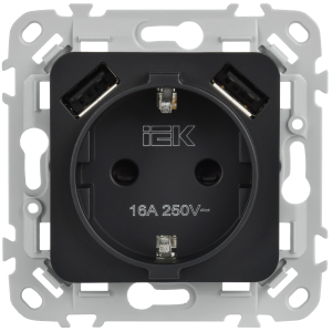 FLITE Розетка 1-местная с заземлением с защитными шторками 16А с USB AA 3,1А безвинтовое крепление РСЮша11-1-ФлЧ черный IEK