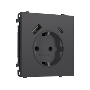 MS910010 Комплект механизма электрической розетки SIGMA Графит Мягкое касание 2USB AC 20W быст. зар. сз сш 16A-250V QUANT PRO SP9100, PR160