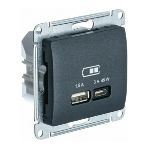 GLOSSA USB РОЗЕТКА A  тип-C 45Вт высокоскор.заряд. QC, PD, механизм, АНТРАЦИТ GSL000729