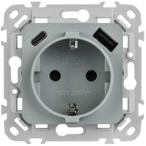 FLITE Розетка 1-местная с заземлением с защитными шторками 16А с USB A+C 20Вт безвинтовое крепление РСЮшс11-1-ФлС серый IEK