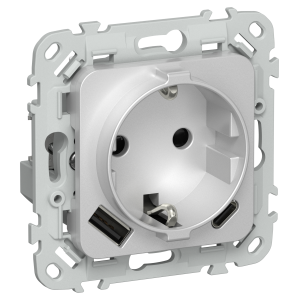 FLITE Розетка 1-местная с заземлением с защитными шторками 16А с USB A+C 20Вт РСЮшс11-0-ФлА алюминий IEK