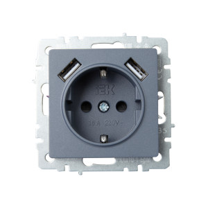 BRITE Розетка 1-местная с заземлением с защитными шторками 16А с USB AA 5В 2,1А РЮш10-1-БрМ маренго IEK