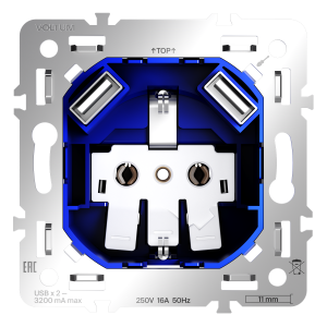 Механизм розетки с заземлением и защитными шторками 16А, с USB AA, S70