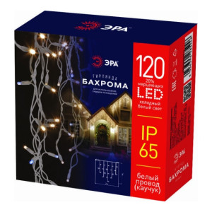 Гирлянда светодиодная Бахрома 2х1м 120LED холод. бел. IP65 220В бел. мерцание провод бел. каучук Эра Б0051891