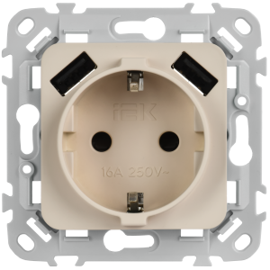 FLITE Розетка 1-местная с заземлением с защитными шторками 16А с USB A+A 3,1А безвинтовое крепление РСЮша11-1-ФлЛ льняной IEK