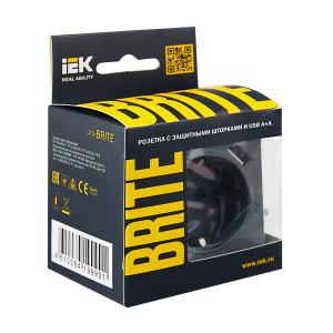 BRITE Розетка 1-местная с заземлением с защитными шторками 16А с USB AA 5В 3,1А РЮш10-2-БрМ маренго IEK