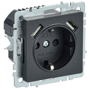 Розетка BRITE РЮш10-2-БрЧ 16А с USB A+A 3.1А с заземл. защ. шторки механизм черн. IEK BR-R14-16-U21-D31-K02